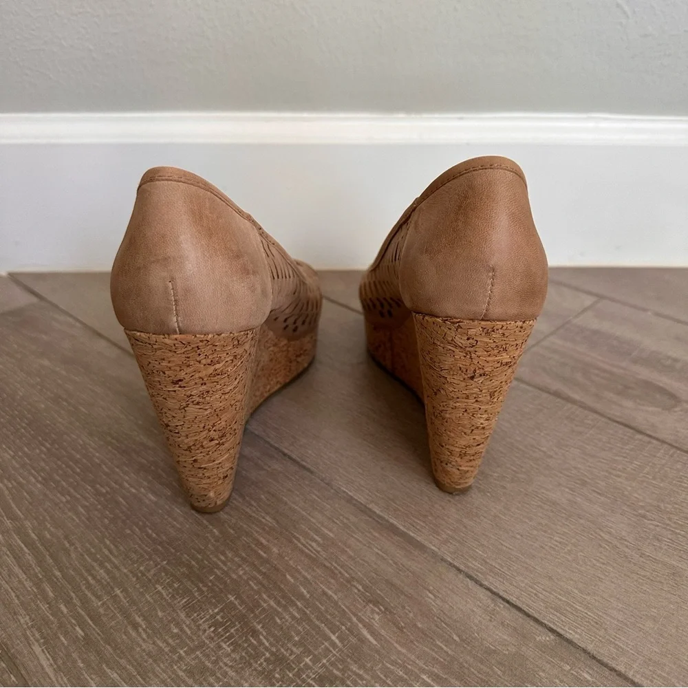 Adrienne Vittadini Carilena Taupe Cutout Leather Cork Wedge Peep Toe